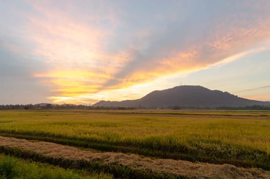Beautiful morning sunrise colorful cloud near hill