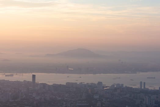 Penang Georgetown and Seberang Perai view from hill in sunrise hour
