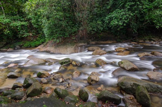 Waterfall river flow over rock at Sungai Sedim rainforest