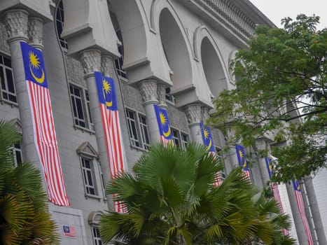 Malaysia flag is decorated at building to celebrate National Day.