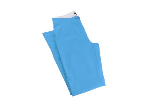 Womens trousers isolated. Close-up of a fashionable pair of blue casual or jersey trousers for the modern woman isolated on a white background.