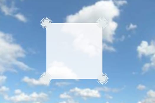 Abstract bright gradient motion spring or summer landscape texture with natural blue lights and white bright cloudy and sunny sky with a square white frame for text design.