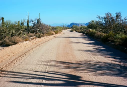 Dirt road leading off into the desert mountains