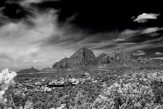 Infrared Black and white country mountains surrounding Sedona Arizona