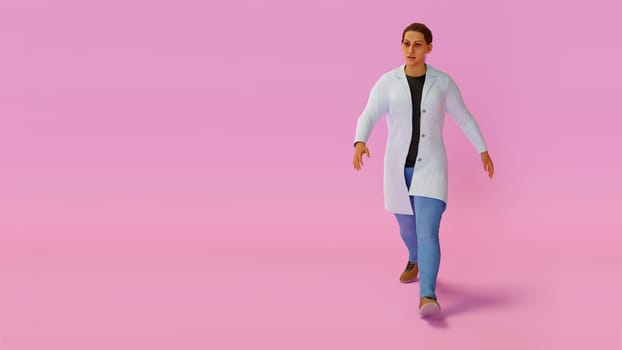 young woman working pharmacist worker laboratory professional health care technician walking on pink background 3D illustration