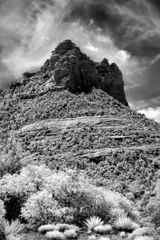 Infrared Black and white country mountains surrounding Sedona Arizona