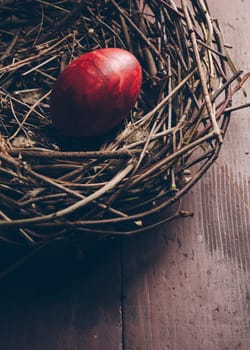 Red easter egg in bird nest. Retro style.