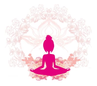 Girl in lotus pose meditating, abstract decorative card