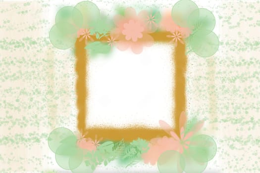 Greeting card template. Abstract festive light green pink Happy spring greeting card with flowers and leaves. Mothers day, valentine, wedding or other holidays.Frame with space.
