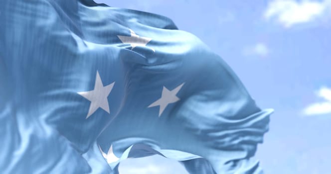 Detail of the national flag of Micronesia waving in the wind on a clear day. Micronesia is an island country in Oceania. Selective focus.
