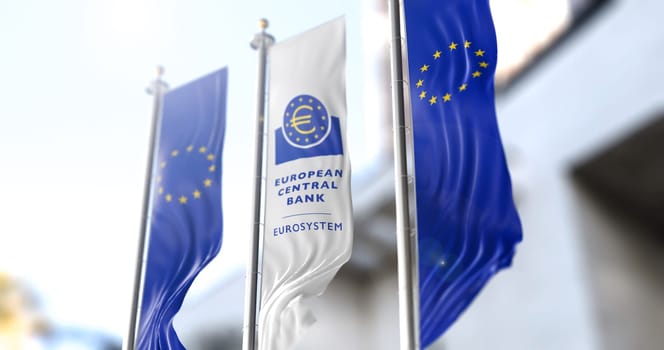 Frankfurt, Germany, February 2022: European flags waving in the wind with the white flag of the European Central Bank in the centre