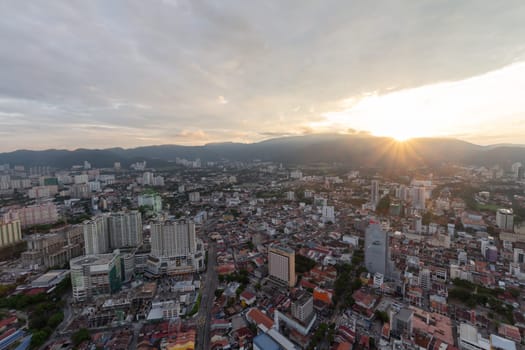 Georgetown, Penang, Malaysia - Jun 18 2017: Gerogetown building architecture in sun ray evening view from high angle