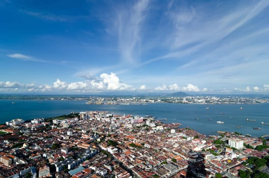 Georgetown, Kuala Lumpur, Malaysia - Jun 25 2017: UNESCO World Heritage Georgetown view from top in blue sunny day