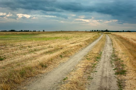 Dirt road through fields and cloudy sky, Czulczyce, Lubelskie, Poland
