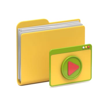 Yellow folder icon video files concept 3D rendering illustration isolated on white background