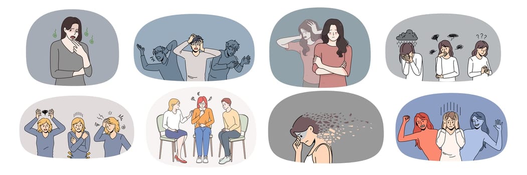Set of unhappy person feel stressed suffer from bipolar disorder or mood swing. Collection of unhealthy sad people struggle with depression or psychological mental problems. Vector illustration.