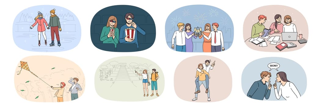 Collection of happy friends have fun enjoy leisure weekend relaxing together. Set of millennial people students have fun study and rest enjoy college life in campus. Flat vector illustration.
