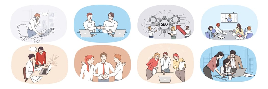 Set of businesspeople brainstorm collaborate together in office. Collection of diverse employees cooperate work on laptop together at workplace. Teamwork concept. Vector illustration.