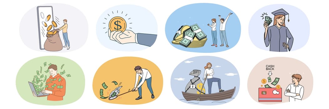 Set of people with coins and banknotes excited with money income or profit. Collection of diverse men and women saving finances for future need. Dividend and passive revenue. Vector illustration.