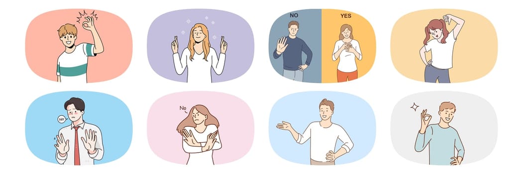 Collection of people show different emotions and gestures