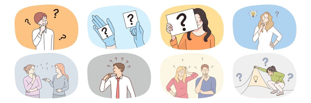 Collection of diverse look for answer to social dilemma or issue. Set of frustrated men and women with question marks find solution to problem. Choice and decision. Vector illustration.