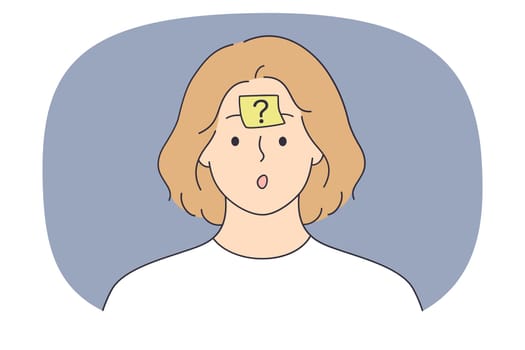 Confused woman have sticker note with question mark on forehead feel frustrated about problem solution. Stunned girl need answer solve trouble. Dilemma and confusion. Vector illustration.