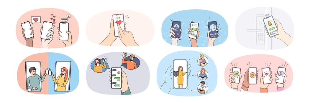 Set of diverse people hands hold cellphone in hands communicate online on gadget. Collection of users enjoy texting messaging on smartphone. Communication and social media. Vector illustration.