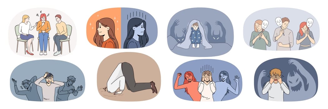 Set of unhappy sick diverse people suffer from mental psychological problems. Collection of scared emotional men and women struggle with panic attack or bipolar disorder. Vector illustration.