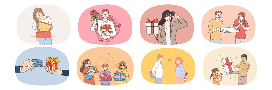 Collection of overjoyed man and woman feel excited with present surprise. Set of diverse people get gift on birthday or anniversary. Concept of greeting and celebration. Flat vector illustration.