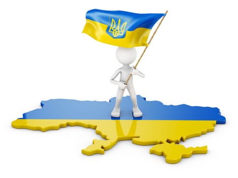 Man with the flag of Ukraine on a volumetric map. 3d render.