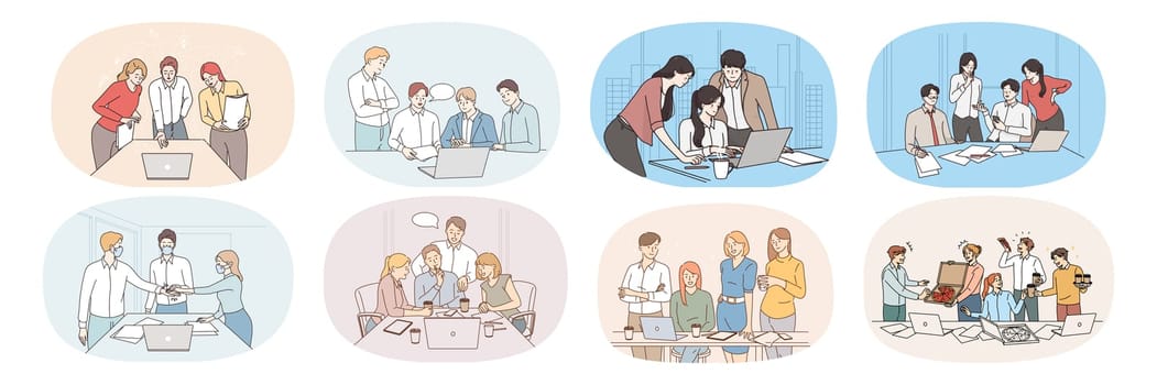 Set of businesspeople team work together at group meeting in office. Collection of diverse employees or workers cooperate discuss ideas at briefing. Teamwork concept. Vector illustration.