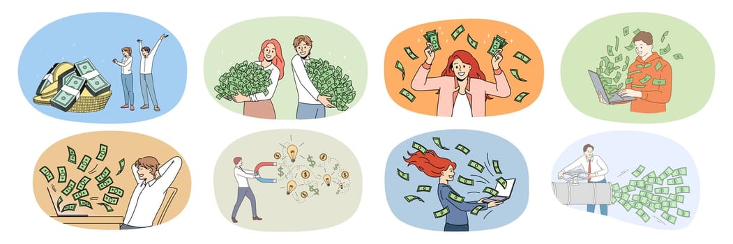 Set of overjoyed diverse people with stacks of money excited with lottery win or victory. Bundle of happy men and women get dividend from successful investment. Finance, bank. Vector illustration.