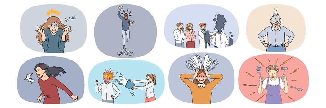 Collection of furious people yell unable to control emotions