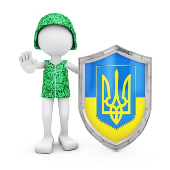A soldier in a helmet next to a shield with the emblem of Ukraine. 3d render.