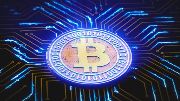 A gold bitcoin coin pulsates with blue light on a circuit board. 3d render.