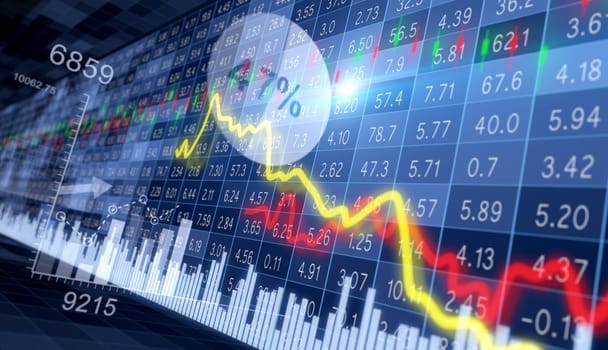 Yellow and red moving graphs and different financial charts and columns on the background of a dynamic stock market board. 3d render