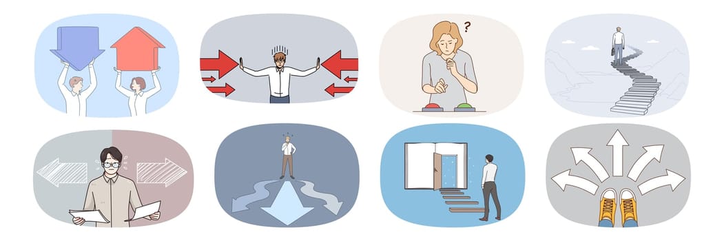Set of businesspeople make decision unsure about career path. Collection of diverse people feel frustrated confused having dilemma decide or plan. Challenge and doubt. Vector illustration.
