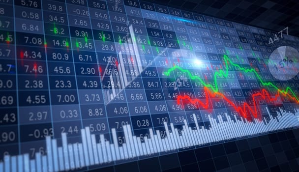 Green and red moving graphs and different financial charts and columns on the background of a dynamic stock market board. 3d render