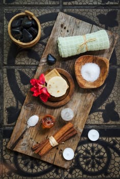Natural spa product on rustic wood.