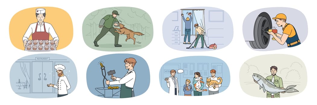 Set of diverse male occupations and professions. Collection of man employee at work, job workplace. Dog trainer and mechanic. Pastry chef and waiter. Vet doctor and fisherman. Vector illustration.