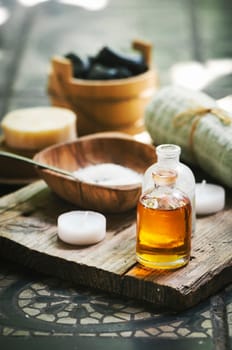 Natural spa product on rustic wood.