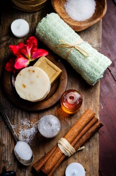 Natural spa product on rustic wood.