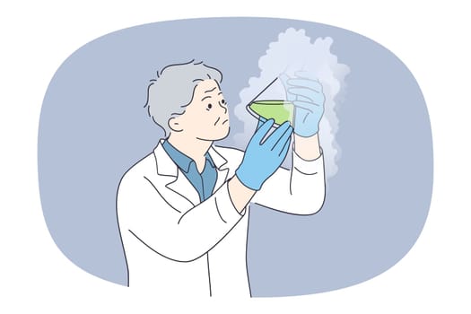Mature male lab worker hold tube do experiments in laboratory. Focused older man scientist or researcher with test-tube experiment with chemicals make research. Vector illustration.