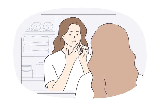 Unhappy millennial girl look in bathroom mirror stressed with pimple on face. Upset distressed young woman stunned with acne or blackhead. Skincare and facial treatment. Vector illustration.