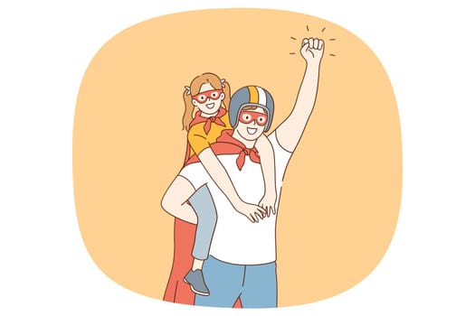 Excited small girl child piggyback smiling loving father wearing superhero costumes together. Happy caring dad play with teen little daughter in funny childish game. Fatherhood. Vector illustration.
