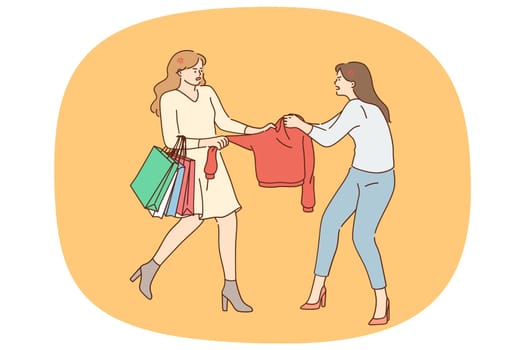 Angry women fight for clothing piece on sale in shop. Determined stubborn female clients or buyers battle for apparel on seasonal discount or promotion. Shopaholic and shopping. Vector illustration.