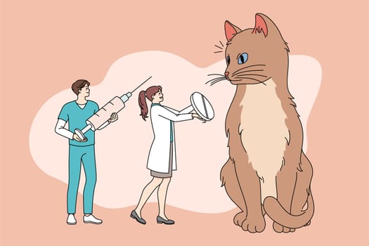 Tiny doctors people treat cure huge cat give medication and pill. Small veterinarians help unhealthy domestic animal with medicines. Pet healthcare and vet help. Vector illustration.