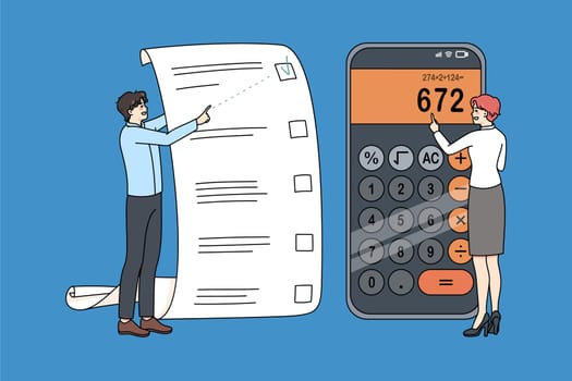 Family planning budget calculating expenses expenditures on machine. Couple with shopping list count finances on calculator. Money planner and financial saving. Vector illustration.