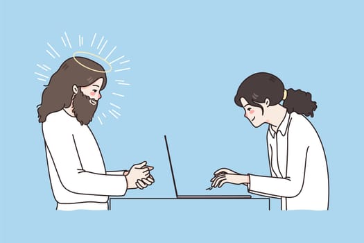Businesswoman work on computer, Jesus Christ sit in front waiting for savior to help. Father lord watch woman using laptop guard or share love and care. Faith and religion. Vector illustration.