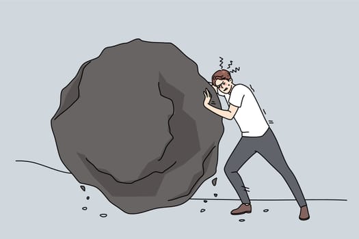Ambition strong businessman push huge stone reach achieve business goals. Man employee pushing heavy rock or boulder. Obstacles and challenge at work. Flat vector illustration.
